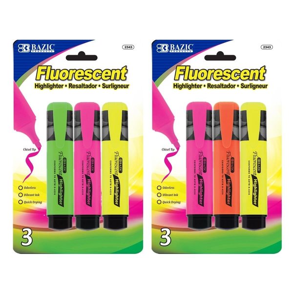 Bazic Products Fluorescent Highlighters with Pocket Clip; Pack of 3 - Case of 24 2343